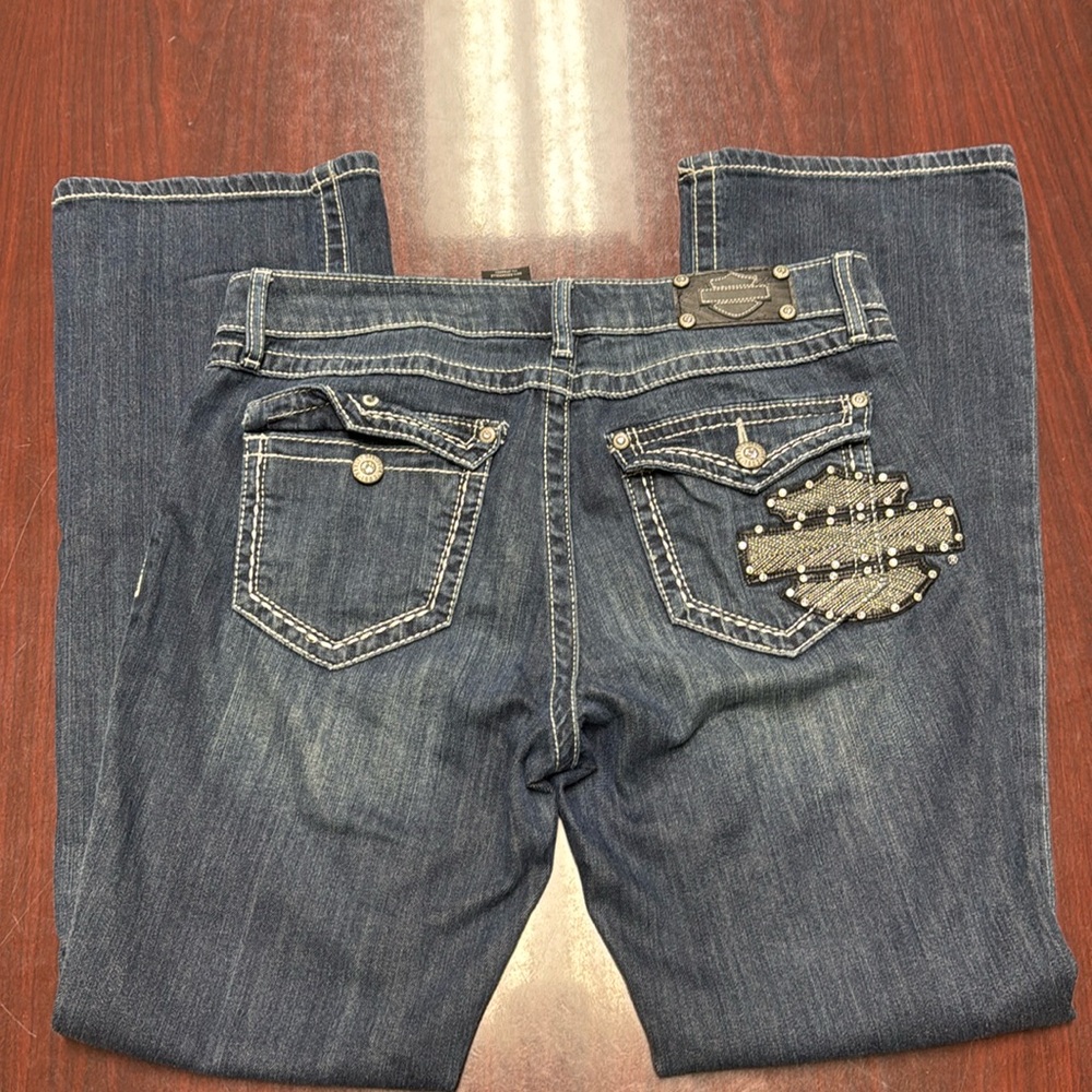Harley Davidson logo studded back pocket denim jeans, a distressed size 10
